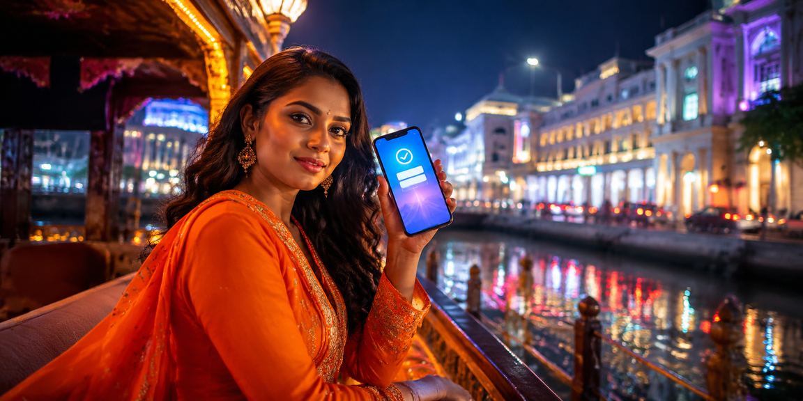 Mobile payment in Delhi's Connaught Place with neon lights