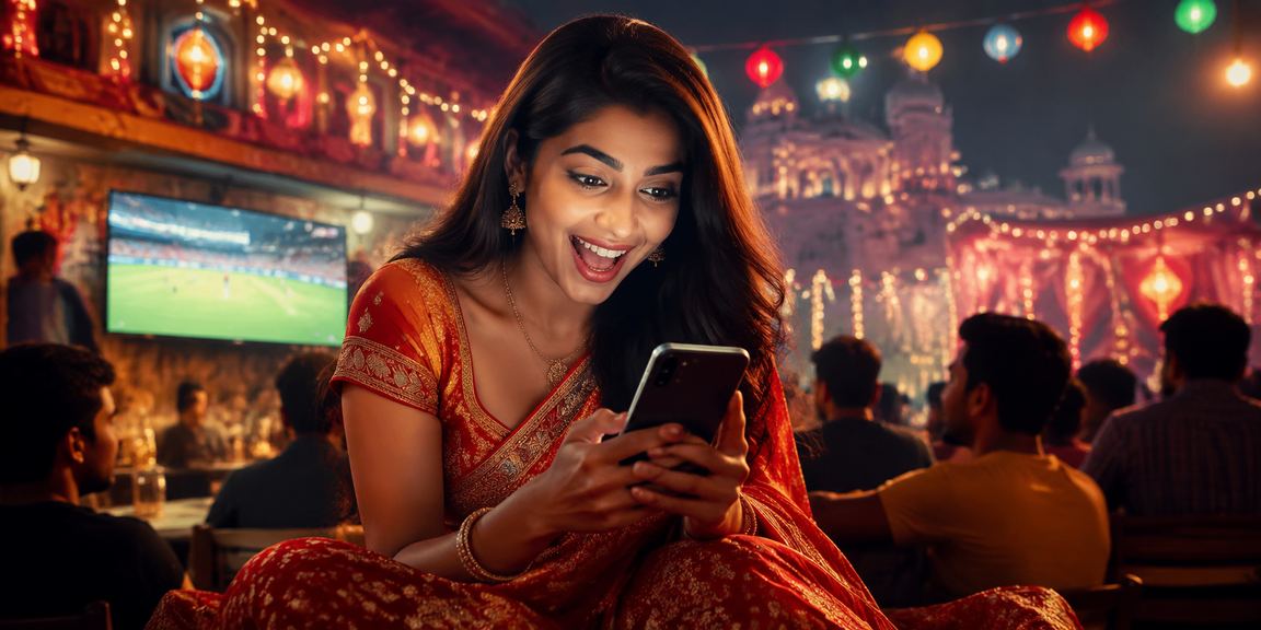Indian woman wearing saree watching cricket and betting online