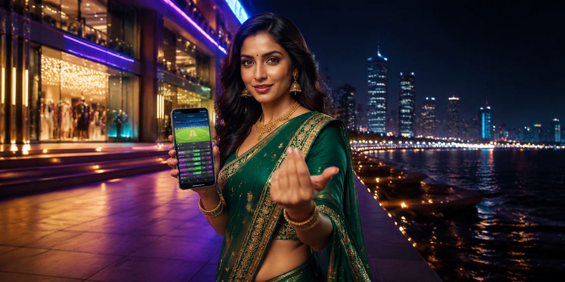 Indian woman in saree placing sports bets on mobile device