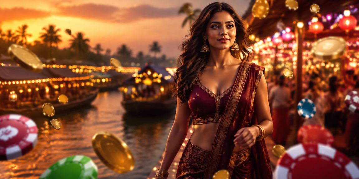 Kerala backwaters area featuring Teen Patti players in a night market setting